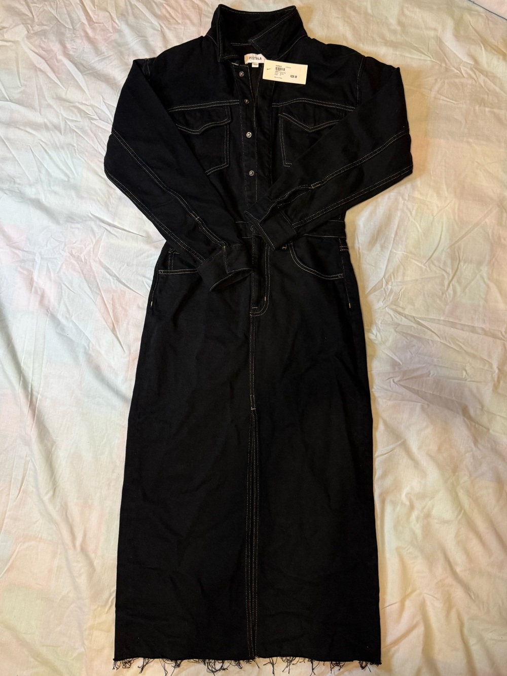pistola Black Denim Utility Maxi Dress with Contrast Stitching